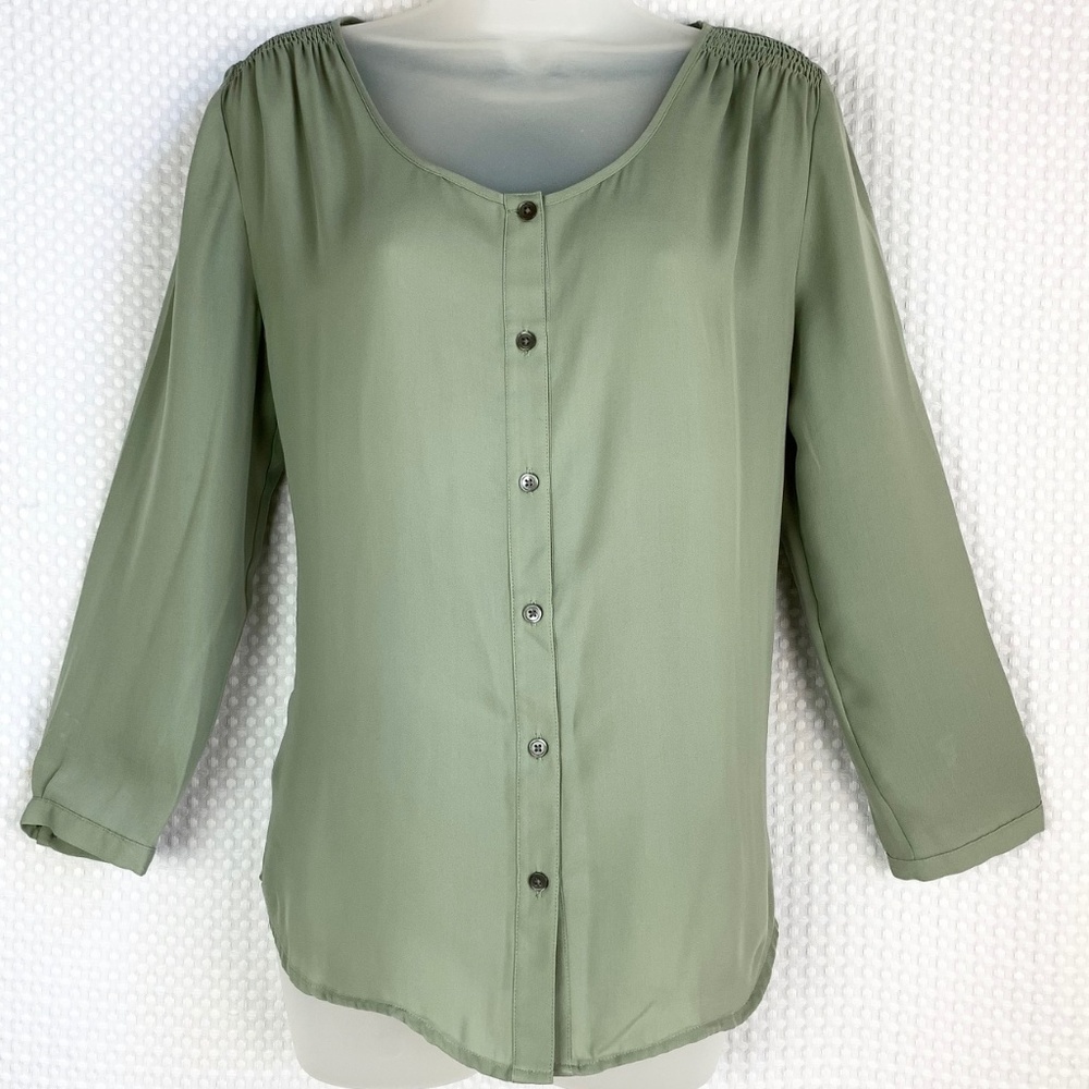 🐝 Lands' End Semi Sheer Green 3/4 Sleeve Blouse 6